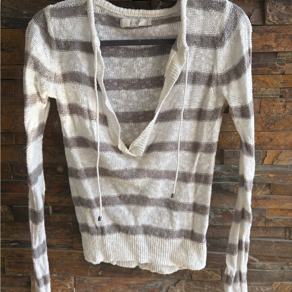 LOFT Striped V-Neck Sweater in off white and gray